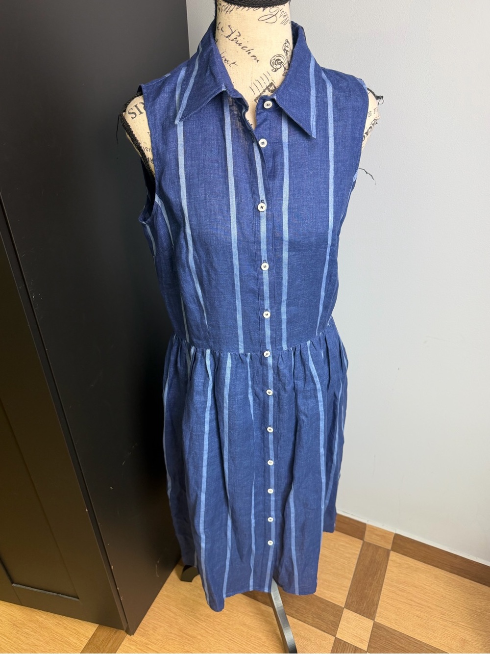 CamicettaSnob Size 42 Blue Stripe 100% Linen Sleeveless Shirt Dress
